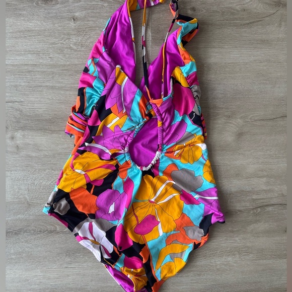 Trina Turk Gemini Plunge Maillot One Piece Swimsuit Vibrant Colorful SZ 14 - Picture 5 of 7